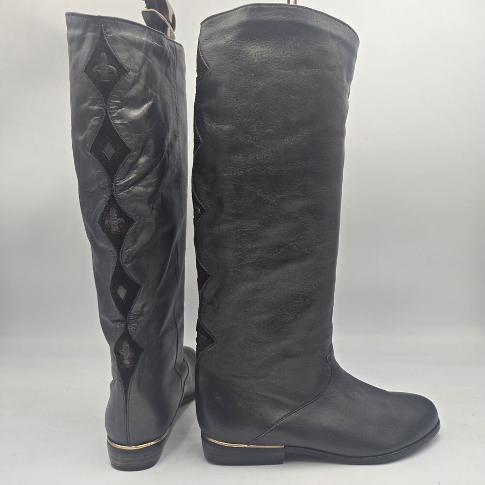 Vtg 80s Salamander Bronze Leather Tall Boots Fleur-de-lis Womens UK 5 EU 38 US 7